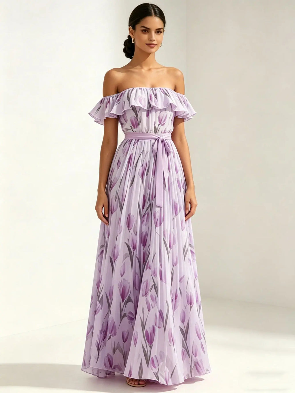 2026 Sommer schulterfreies Kleid mit Tulpenprint in großen Größen, schlankmachend, mit eckigem Ausschnitt und Maxilänge