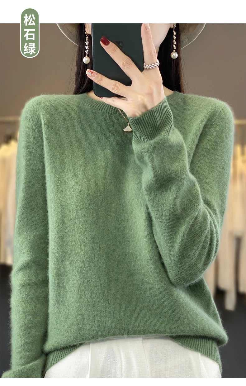 100 % Merinowolle Pullover Damen O-Ausschnitt Kaschmir Strickwaren Female Pullover Herbst Winter Freizeit Oberteile Einfarbig Weiche Kleidung