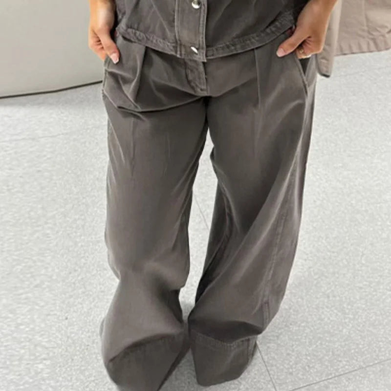 Jeansweste Lockere Lange Hose Damen Set Stehkragen Einreiher Taillierte Oberteile Hohe Taille Hose Schicke Lässige Damen Neue Sets