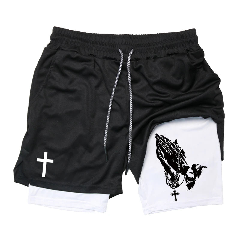 Herren-2-in-1-Lauf-Workout-Shorts mit Druck, Christian Gym Athletic Performance Shorts mit Handytasche und Handtuchschlaufe, Activewear