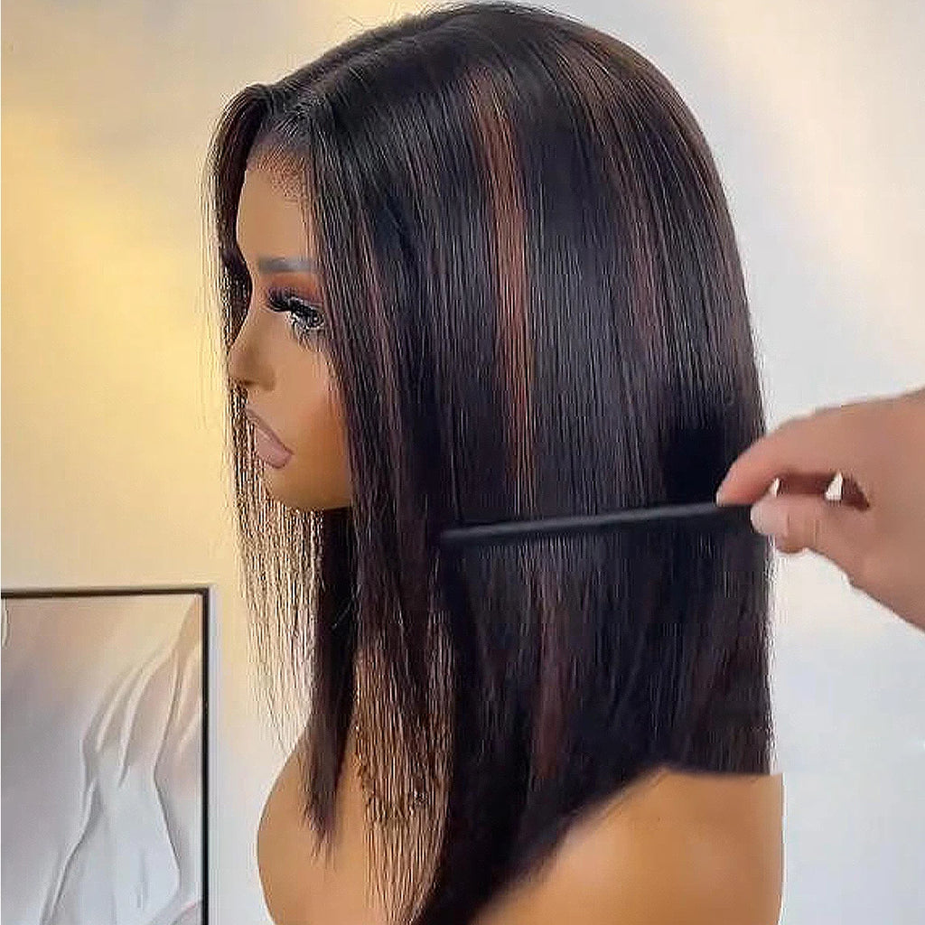 Highlight Brown Glueless 400 Dichte glatte Perücke ohne Kleber brasilianisches Echthaar 4x4/13x6 HD Lace Front Ready-to-wear Perücke 18 Zoll