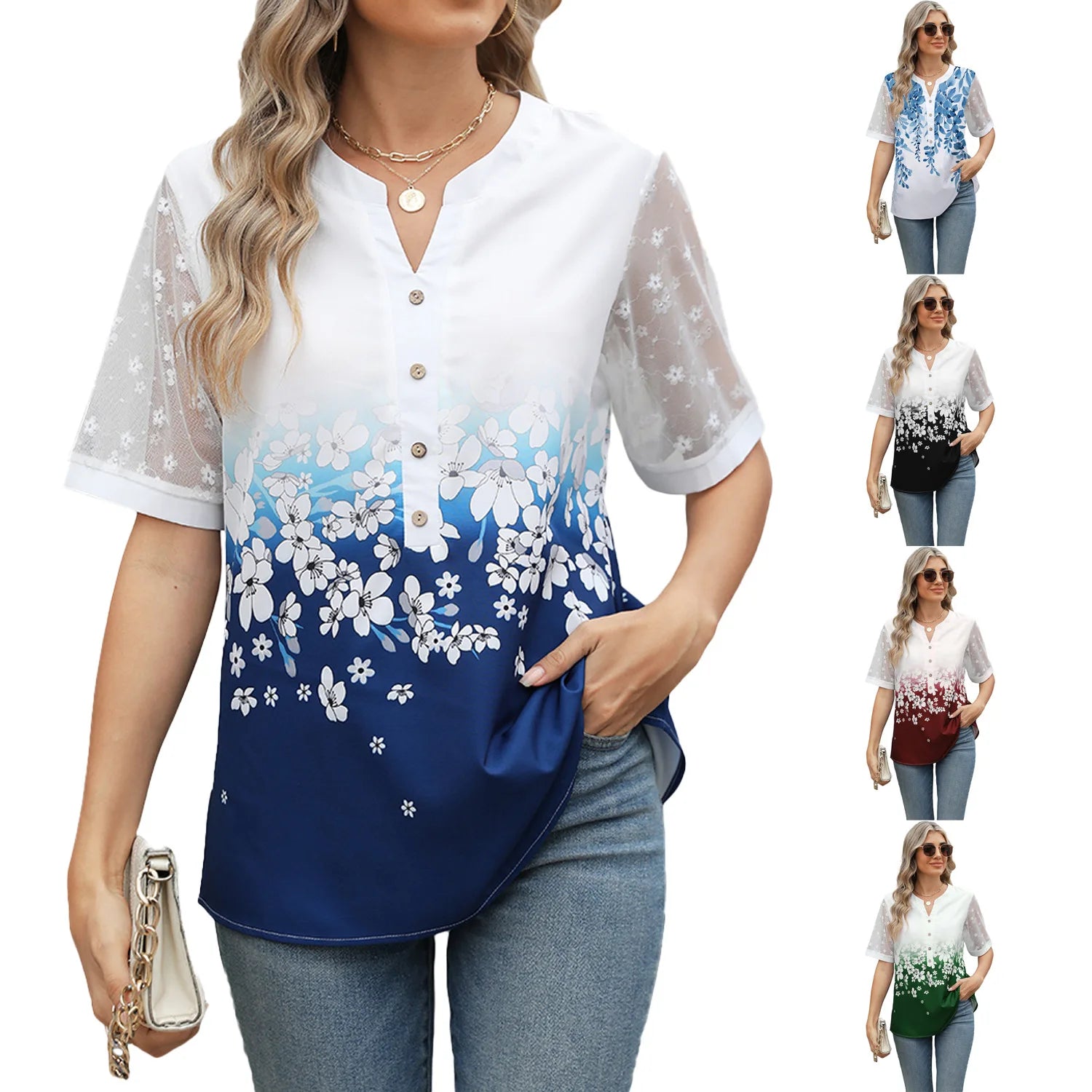 Sommerhemden Damen Spitze Patchwork Kurzarm Bluse Blumendruck Kleidung Mode Street Casual Täglich V-Ausschnitt Knopfleiste Tops 2025 Hauptbild