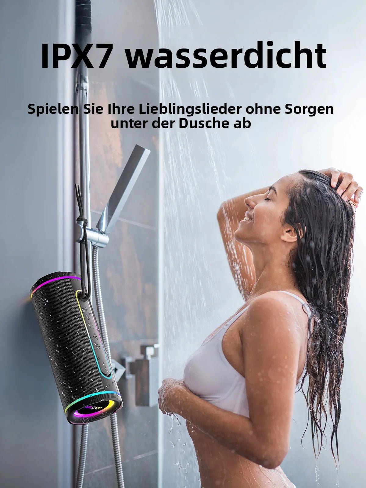 MLOVE E80 Tragbarer Bluetooth-Lautsprecher – Leistungsstarker Dual-Sound, farbenfrohe RGB-Beleuchtung, vollständig wasserdicht (IPX7), TWS-fähig