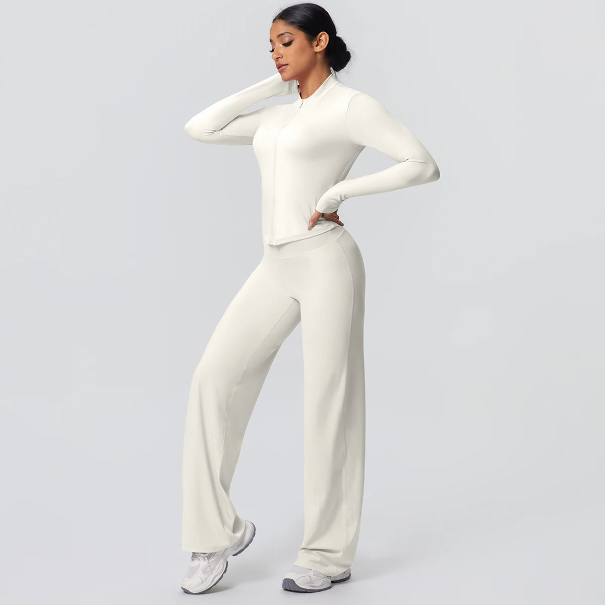 2-teiliges schnelltrocknendes Sport-Fitness-Bekleidung Yoga-Set Damen Yoga Reißverschluss Langarm High Waisted atmungsaktive weite Hose Set