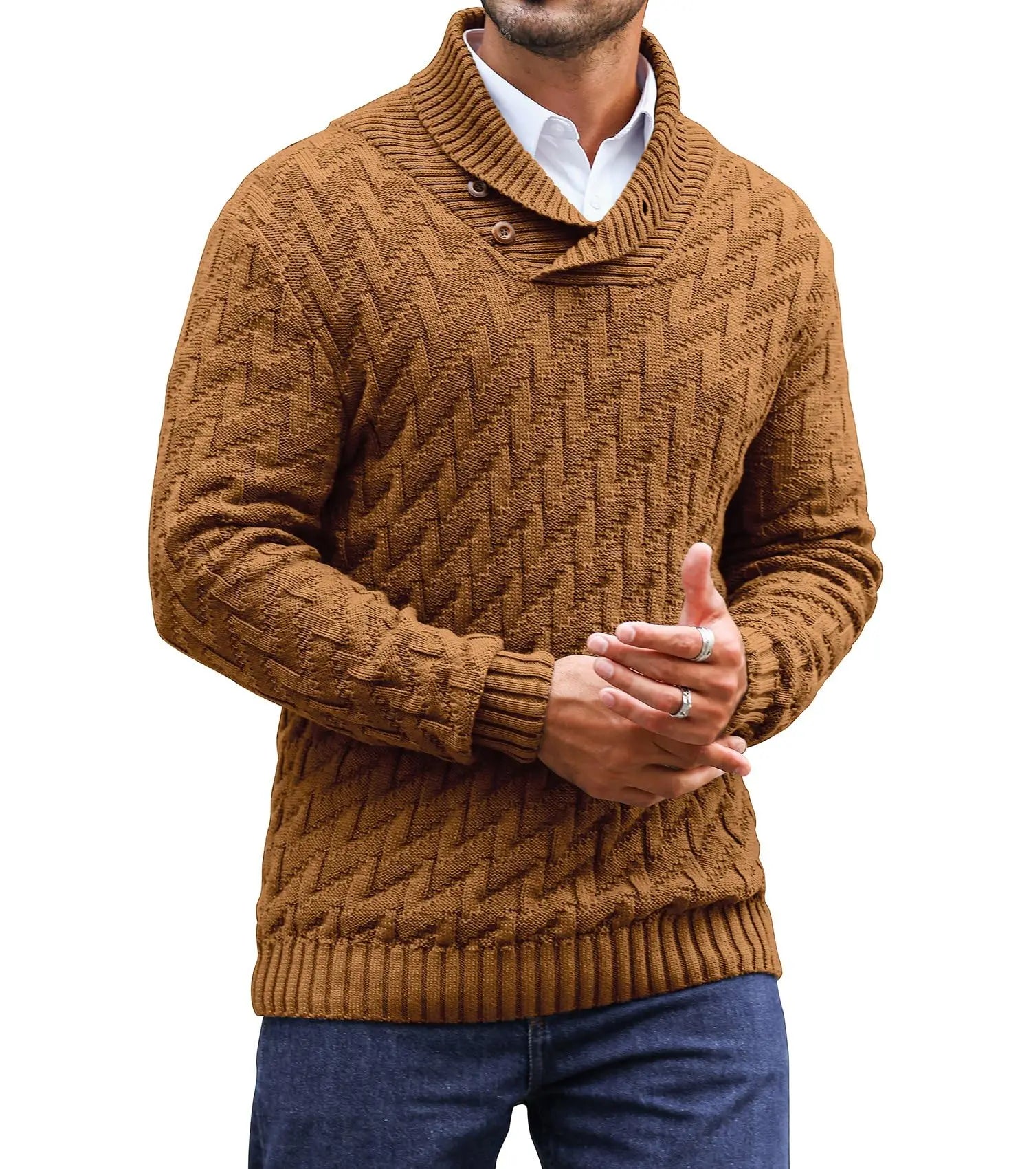 Herrenpullover Frühling Schalkragen Pullover Einfarbig Pullover Lässiger Zopfstrick Knopfleiste Pullover Hochwertige Oberteile US Größe