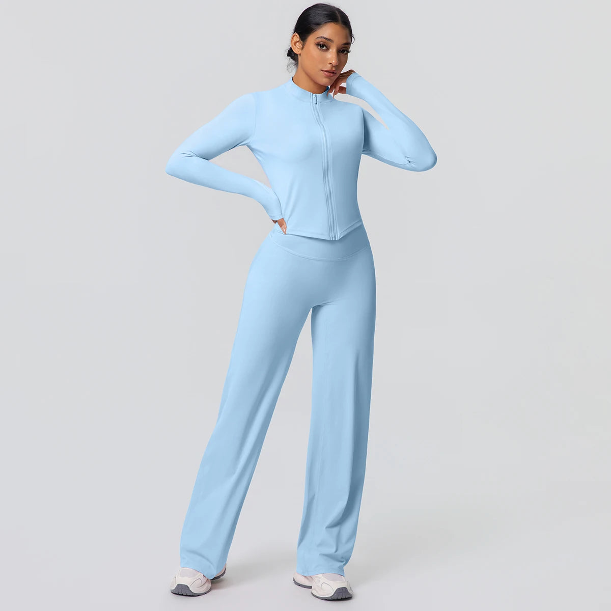 2-teiliges schnelltrocknendes Sport-Fitness-Bekleidung Yoga-Set Damen Yoga Reißverschluss Langarm High Waisted atmungsaktive weite Hose Set