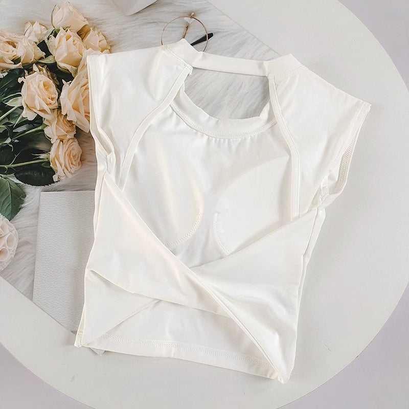 Damen Slim Fit Sport-Tanktop mit offenem Rücken, integrierten BH-Schalen, atmungsaktiv, für Pilates und Yoga