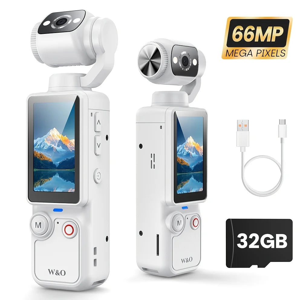 W&O 4K HD Action-Kamera, 1,9'' CMOS-Sensor, um 180° drehbar, USB-wiederaufladbar, tragbare Sport-Vlogging-Kamera für tägliche Aufnahmen