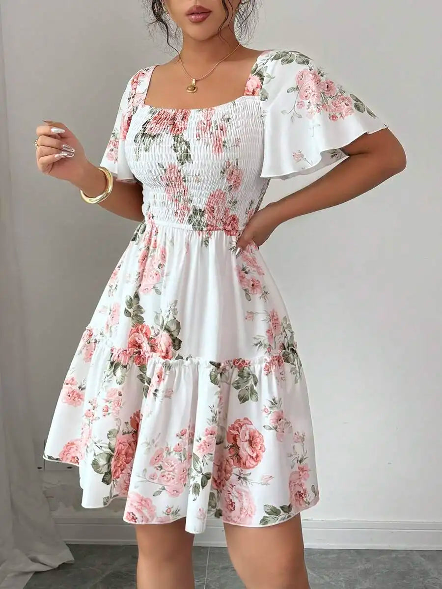 Damenkleid mit Blumenmuster, Schärpen, Rüschensaum, kurzen Ärmeln, Freizeitkleid, Damen-Abendkleider im Urlaubsstil