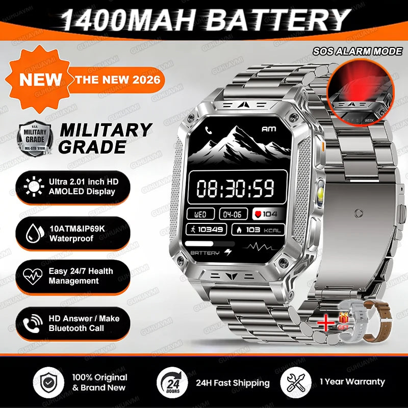 2026 TANK Neue 1400mAh Militär GPS Smartwatch Herren 2.01" AMOLED-Bildschirm 10ATM Wasserdichte Uhr SOS Anruf Taschenlampe Smartwatch iOS