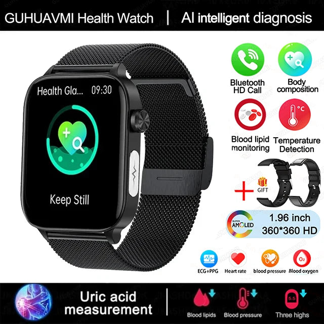 2025 Neue KI-Diagnose Blutfette Harnsäure Körperzusammensetzung Test Smartwatch für Herren EKG+PPG Bluetooth Anruf Gesundheits-Smartwatch