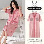 SUKAE Midi Nightdress M-5XL V-neck Bra Padded Botton Sleepshirt Plus Size Cotton Nightgowns Summer Women Short Sleeves Nightgown