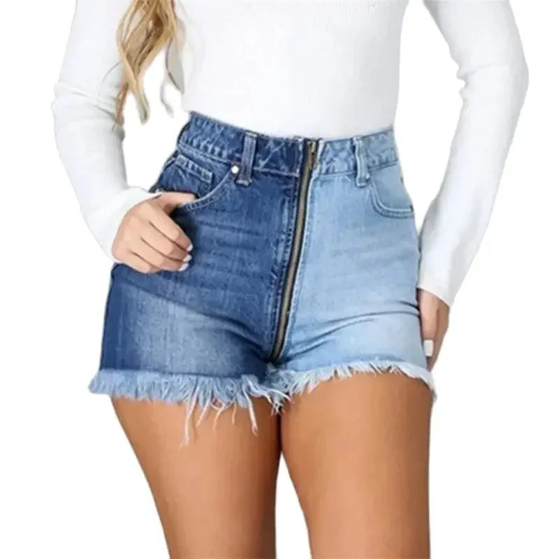 Mode Reißverschluss vorne offener Schritt Jeansshorts Damen Casual High Waist Farbkontrast Patchwork weibliche Quasten Dreiviertelhosen Hauptbild
