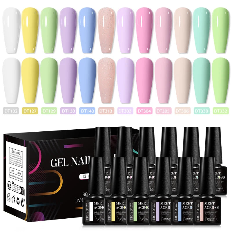 MEET ACROSS 12tlg/Set 7ml Macaron Gel Nagellack mit Box Semi-permanenter UV-Gel Soak Off Nail Art Kit Nagellack für Maniküre