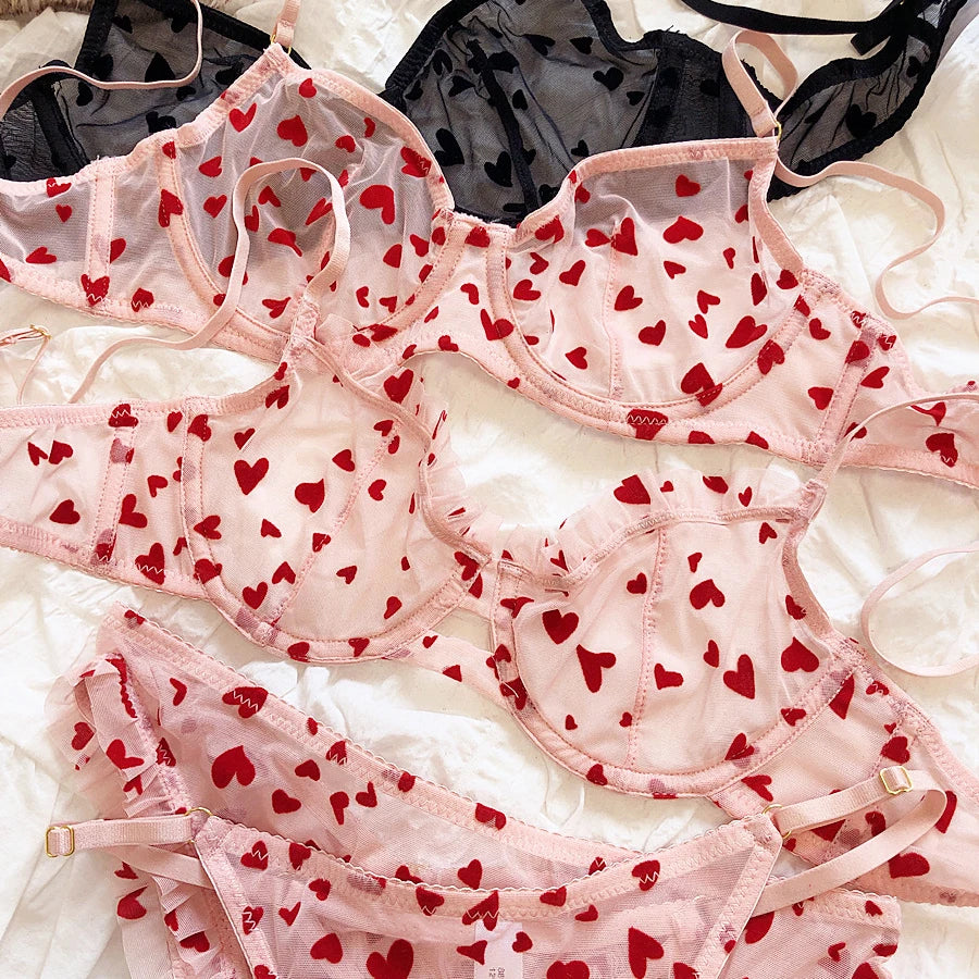 Neues Dessous-Tangas-Set, sexy, ultradünner transparenter BH, Damen-Bügel-Push-up-BH-Set, sommerliche, romantische Pfirsichherz-Unterwäsche
