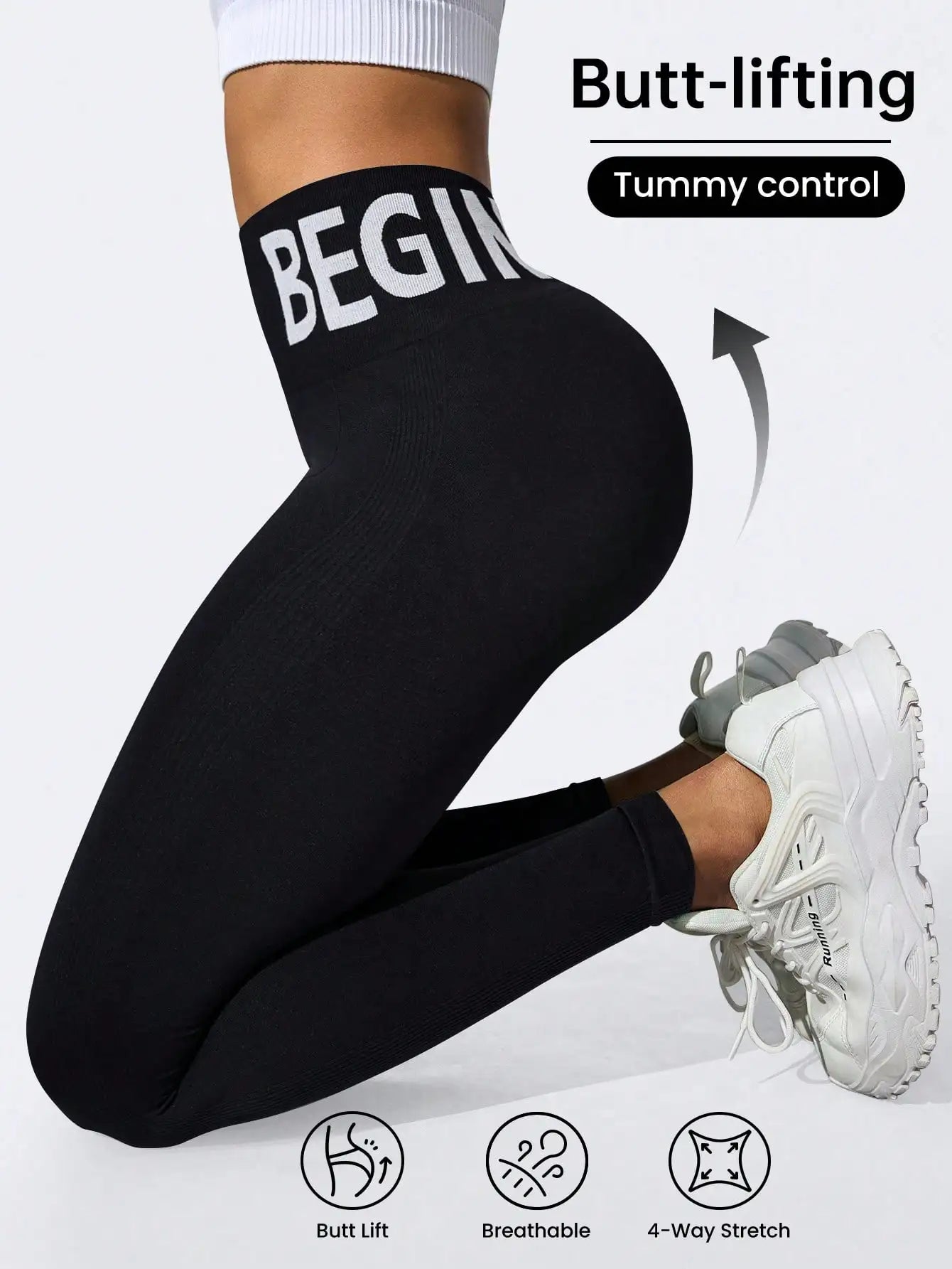 Europäische und amerikanische nahtlose Yoga-Leggings mit Bund-Schriftzug, Po-Lifting, schnelltrocknende, atmungsaktive Damen-Tights für den Sport
