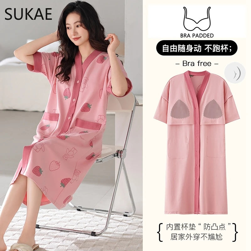 SUKAE Midi Nightdress M-5XL V-neck Bra Padded Botton Sleepshirt Plus Size Cotton Nightgowns Summer Women Short Sleeves Nightgown Zweitbild