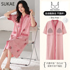 SUKAE Midi Nightdress M-5XL V-neck Bra Padded Botton Sleepshirt Plus Size Cotton Nightgowns Summer Women Short Sleeves Nightgown