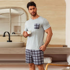 Men's Stylish Pajama 2Pcs Set Satin Short Sleeve And Plaid Shorts Comfortable Soft Sleepware Loungewear Can Be Worn Outside Pjs
