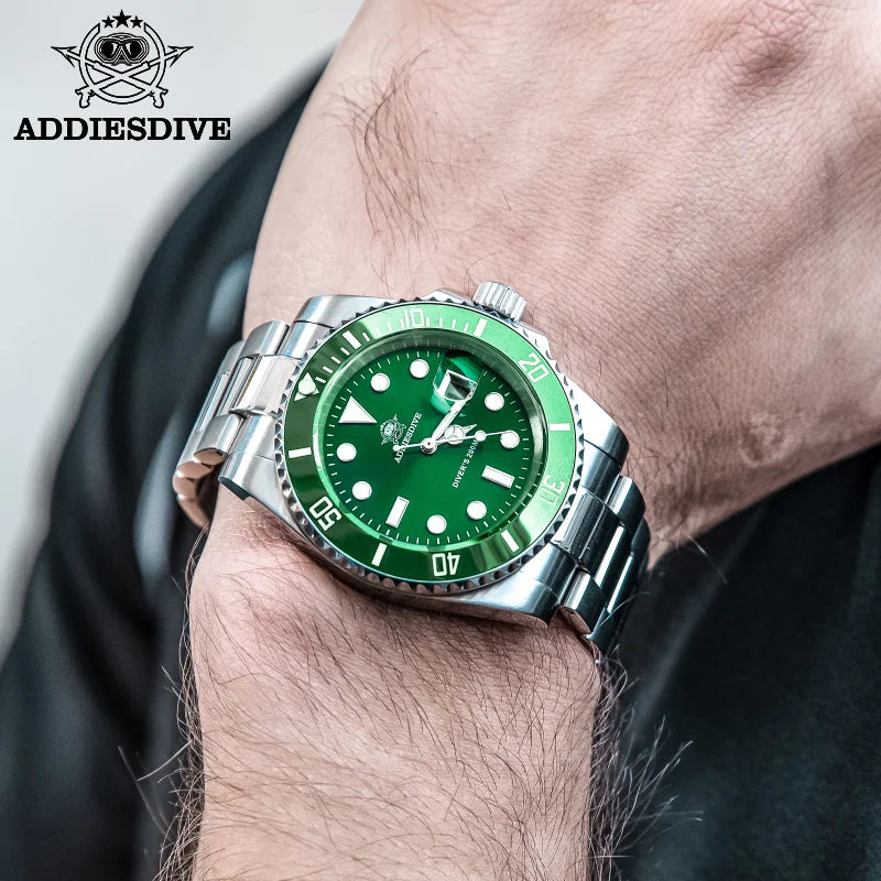 ADDIESDIVE Herren-Uhr klassisch mit Keramiklünette 200m wasserdicht Freizeit Quarz-Uhr BGW9 Blaue Leuchtzeiger Geschenk-Uhr MY-H3-2