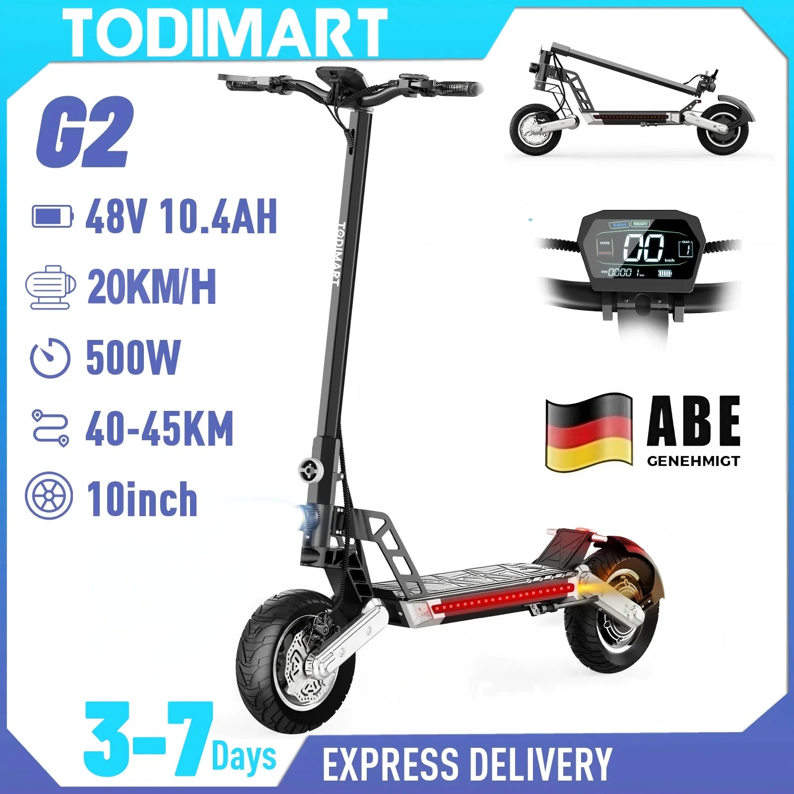 TODIMART G2 ABE E-Scooter, 48V 13Ah, 500W, 40-45km Reichweite, 20km/h, Doppelte Stoßdämpfer, Doppelte Scheibenbremsen, 10-Zoll Offroad-Reifen