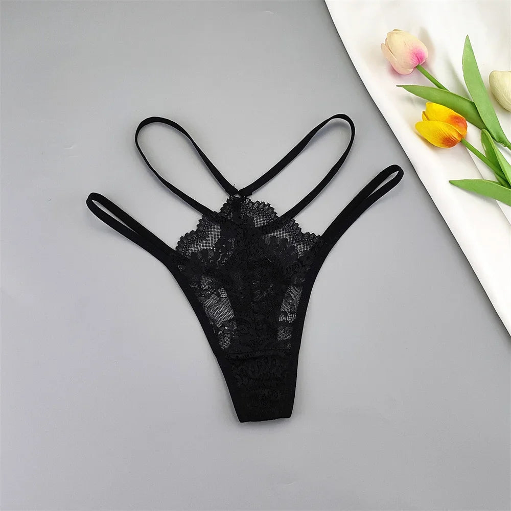 3 Stück Spitze Dünne Träger Tanga Frauen Tiefe Taille Sexy Perspektive Unterwäsche Damen Transparenter G-String Slip Plus Size T-Rücken