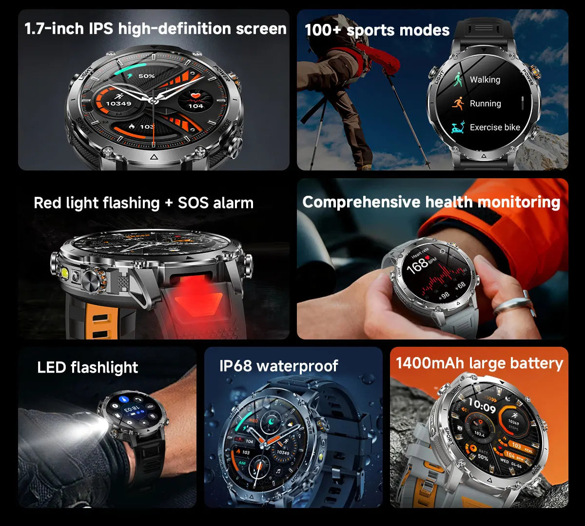 2026 Neue TANK Ultra 1400mAh Akku Militär Smartwatch 10ATM Wasserdicht Herzfrequenz Taktische LED Taschenlampe Herren Sportarmband