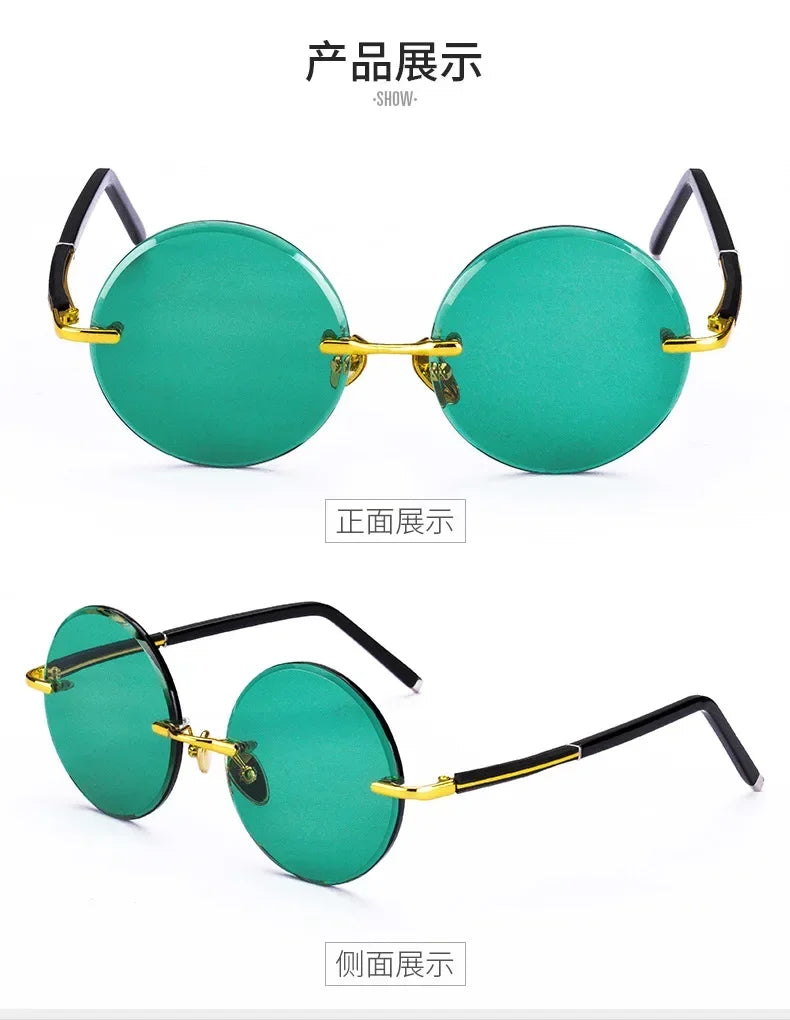 Fashion Classic Rimless Sunglasses Women Men Crystal Dark Green Lens Sun Glasses Retro Round Glasses Outdoor Driving Eyeglasses