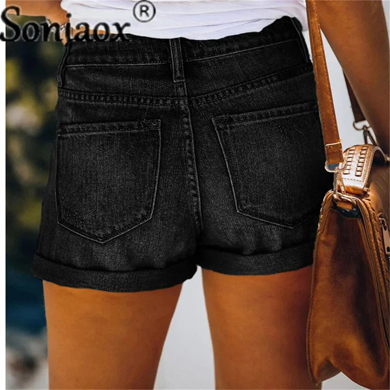 2024 Sommer neue Damen-Crimp-Knopfleiste Stretch Sexy Loch Jeans-Shorts High Waist Skinny Streetwear Trendige Ripped Denim-Shorts