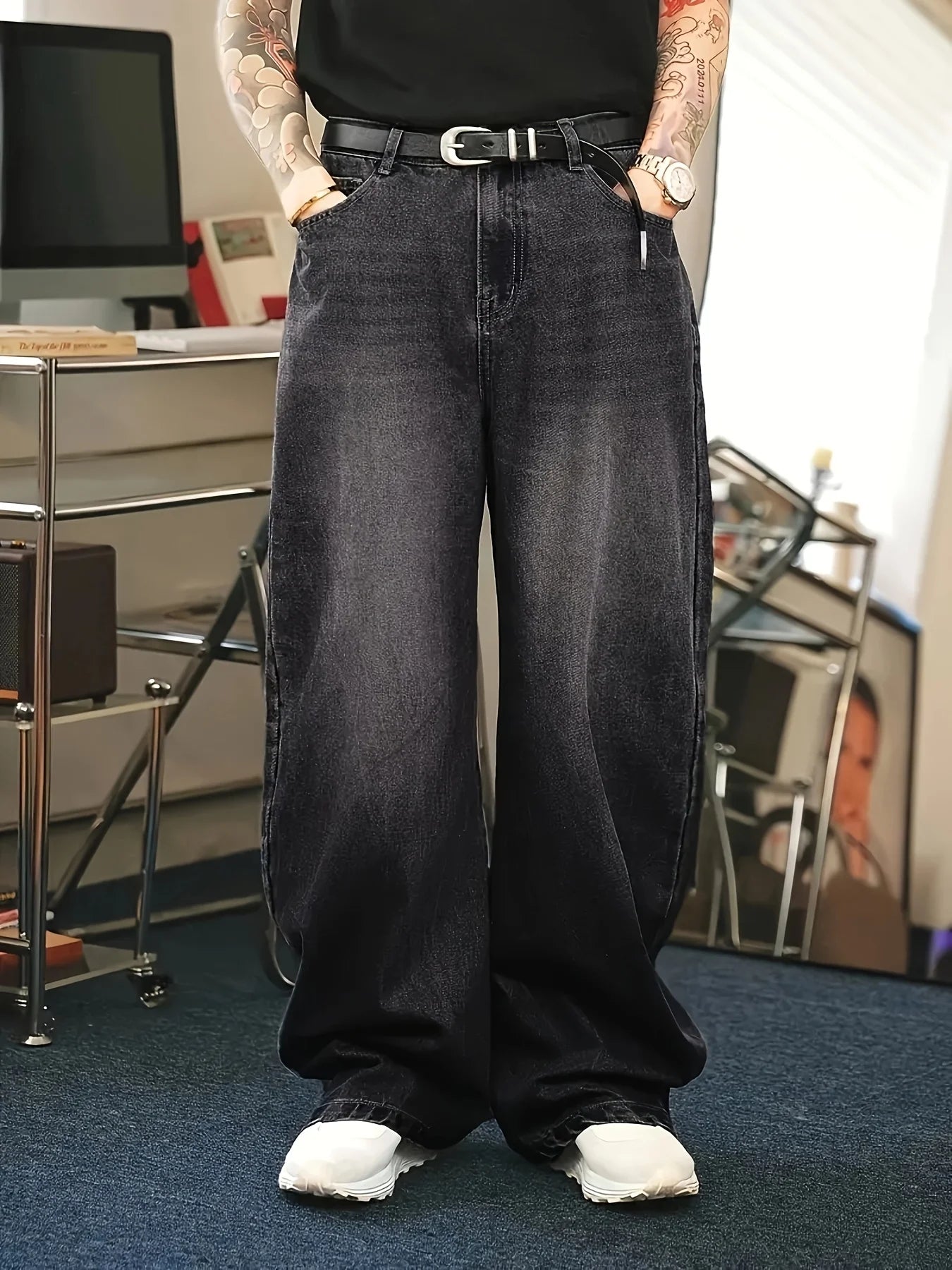 1 Stück Herren Daily Travel Casual American Street Loose Jeans, Schwarz, Hellblau, Meerblau Fashion Street Style Retro Laternenjeans Denimhose Hauptbild