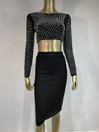 Sexy O-Ausschnitt Langarm Mesh Perlen Beige Schwarz Celebrity Midi Damen Bandagen-Set 2024 Designer Abendparty Damen-Set