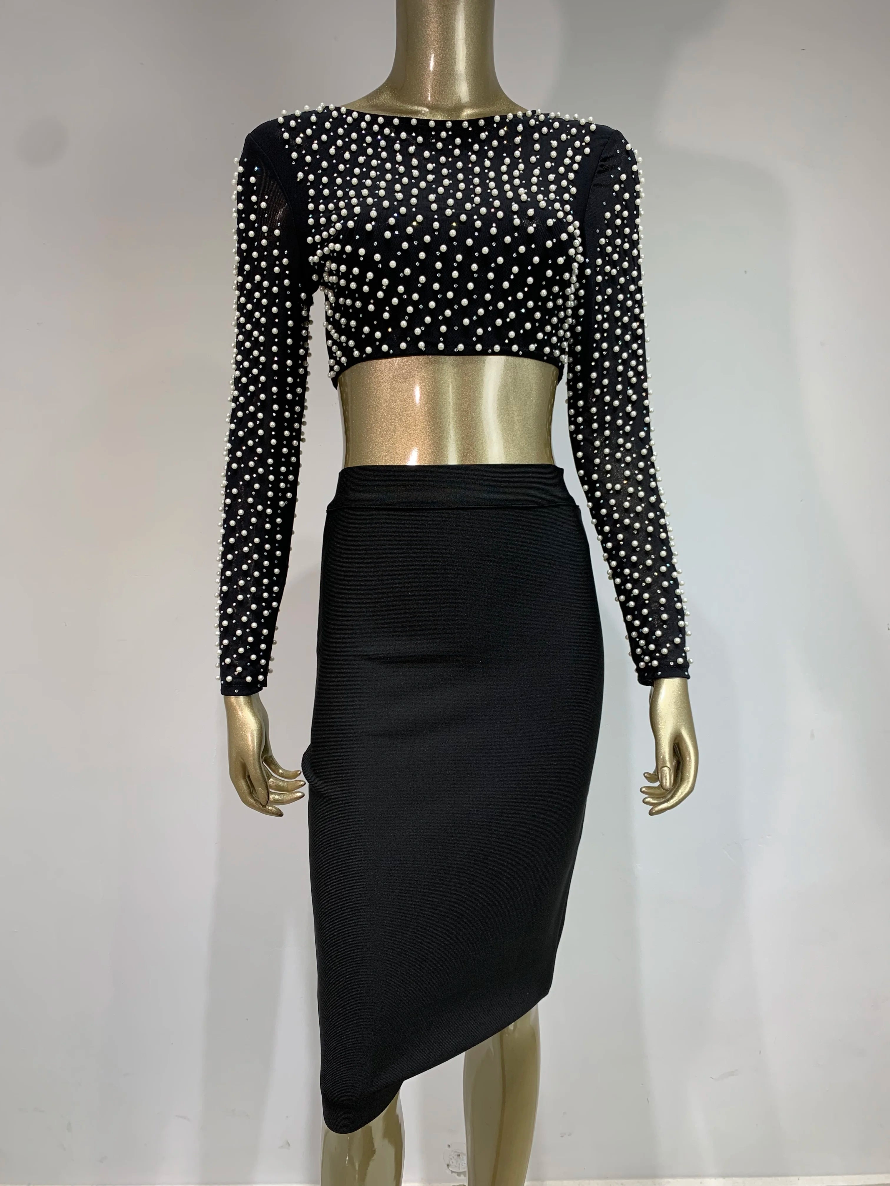 Sexy O-Ausschnitt Langarm Mesh Perlen Beige Schwarz Celebrity Midi Damen Bandagen-Set 2024 Designer Abendparty Damen-Set