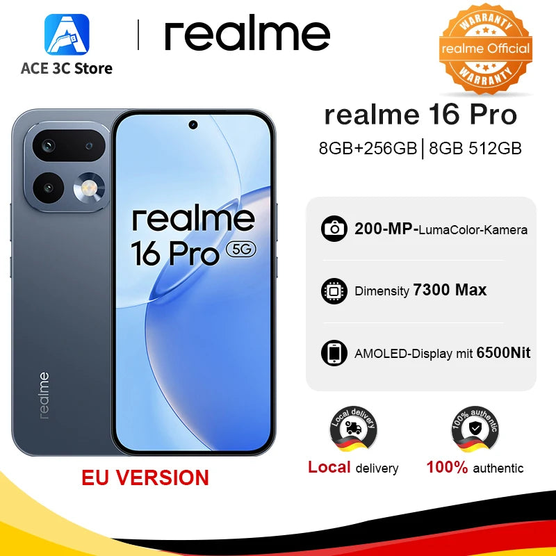 Neu eingetroffen: realme 16 Pro 5G Smartphone Europäische Version 200 MP LumaColor Kamera 6500 Nits AMOLED Display 6500 mAh Akku NFC