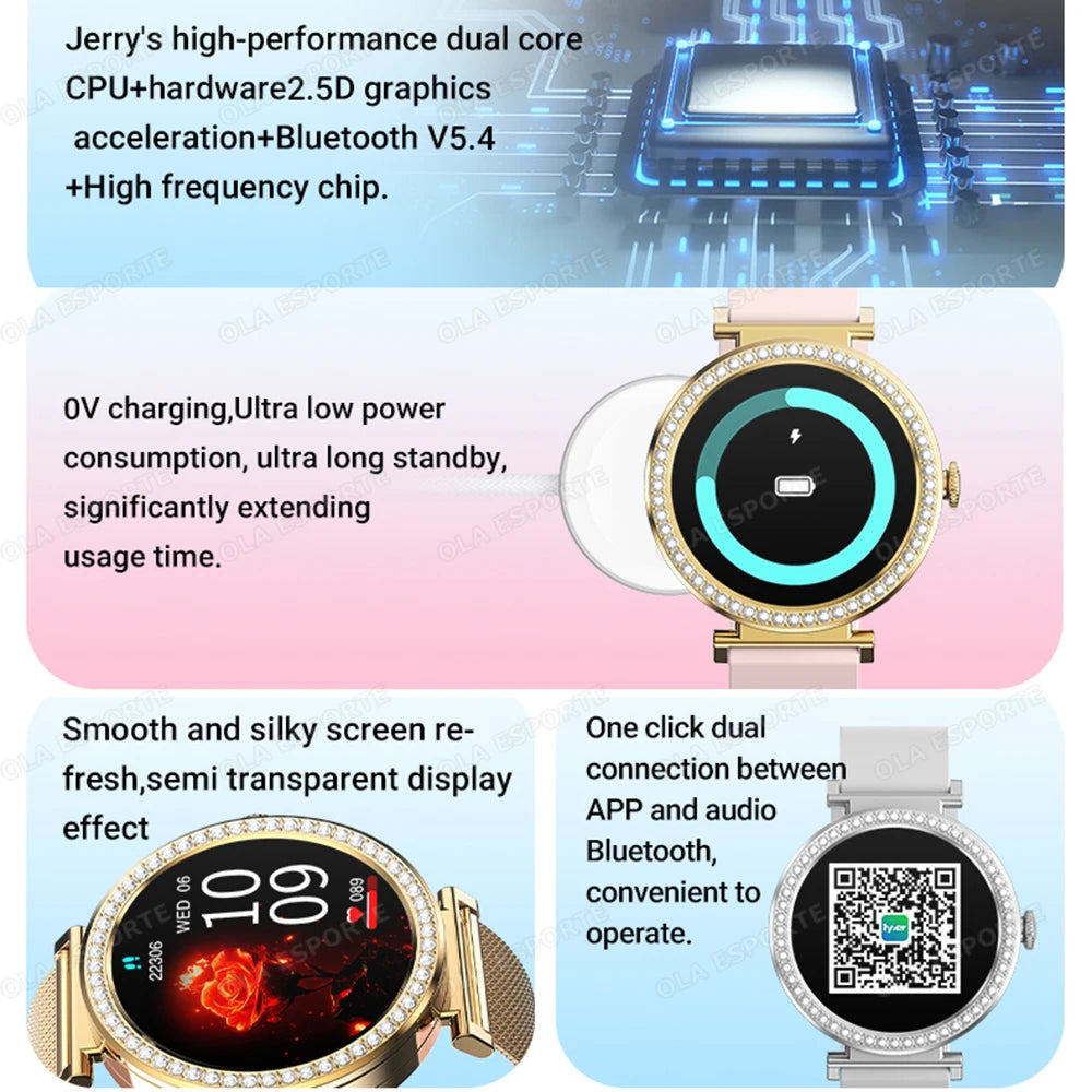 Fashion Zircon Smartwatch 1,46" AMOLED Bildschirm 5.4 Bluetooth Anruf Herzfrequenz Temperaturüberwachung Damen Smartwatch Schrittzähler