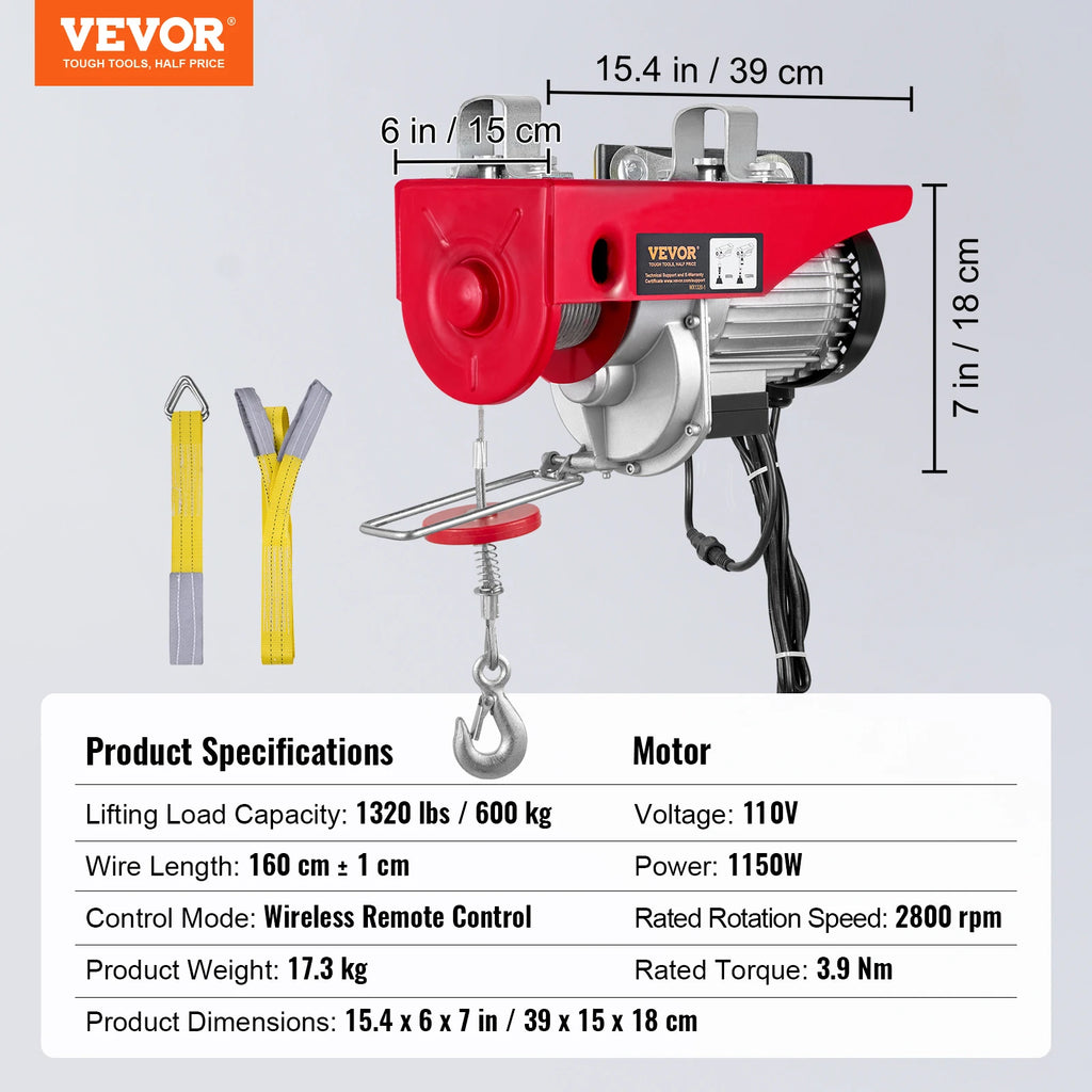 VEVOR 600/800/1000 kg Elektrischer Kabelseilzug Hebezug mit Funkfernbedienung und Not-Aus für Garage Lager Heben