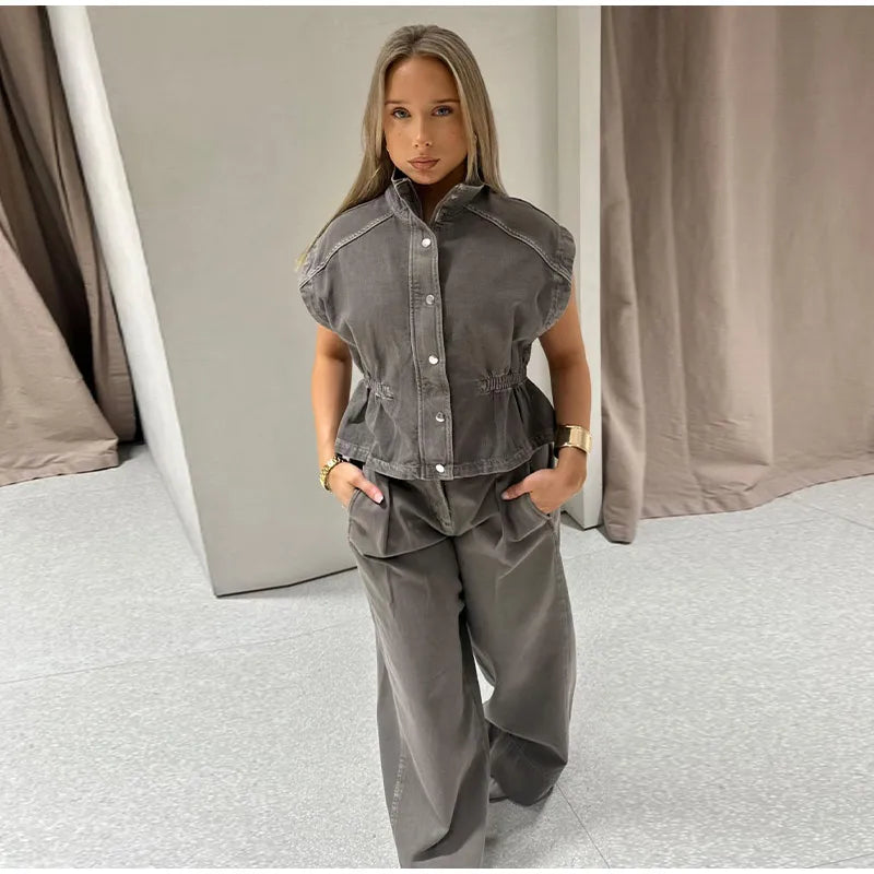 Jeansweste Lockere Lange Hose Damen Set Stehkragen Einreiher Taillierte Oberteile Hohe Taille Hose Schicke Lässige Damen Neue Sets