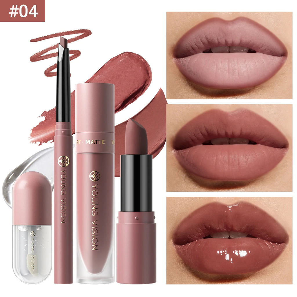 4tlg. Set Langanhaltendes Wasserdichtes Lippen-Make-up-Kit – Weicher, geschmeidiger cremiger Lippenstift & Lipgloss Lip Oil Set