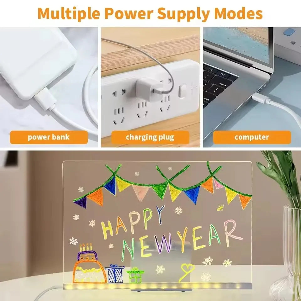 LED Leuchtende Acryl-Nachrichtentafel, löschbar, USB-Zeichentafel, Geburtstagsgeschenk, Bar-Werbung für kreative Aktivitäten mit Ständer