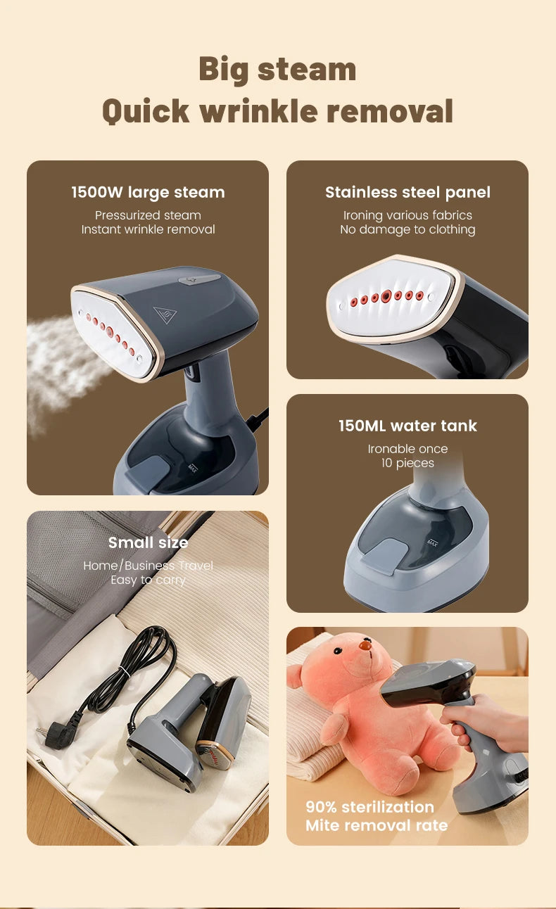 1500W Handdampfbügeleisen, Touchscreen-Steuerung, 15 Sekunden schnelles Vorheizen, 150 ml, tragbarer kleiner Dampfglätter für zu Hause