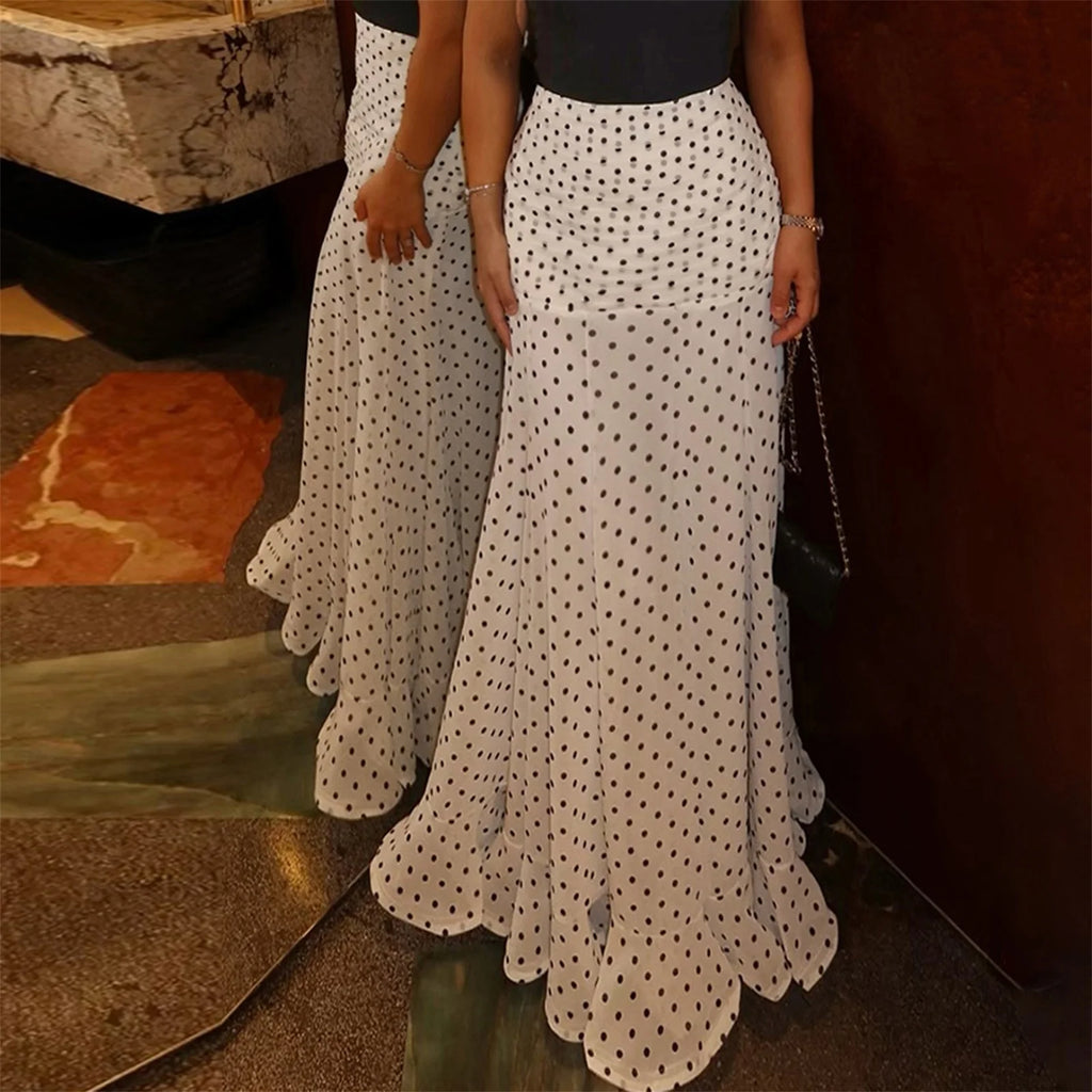 hirigin Tupfen Chiffon-Maxirock Französischer Stil Geraffter Mesh A-Linien-Rock Elegante Maxi-Unterteile Hohe Taille Streetwear
