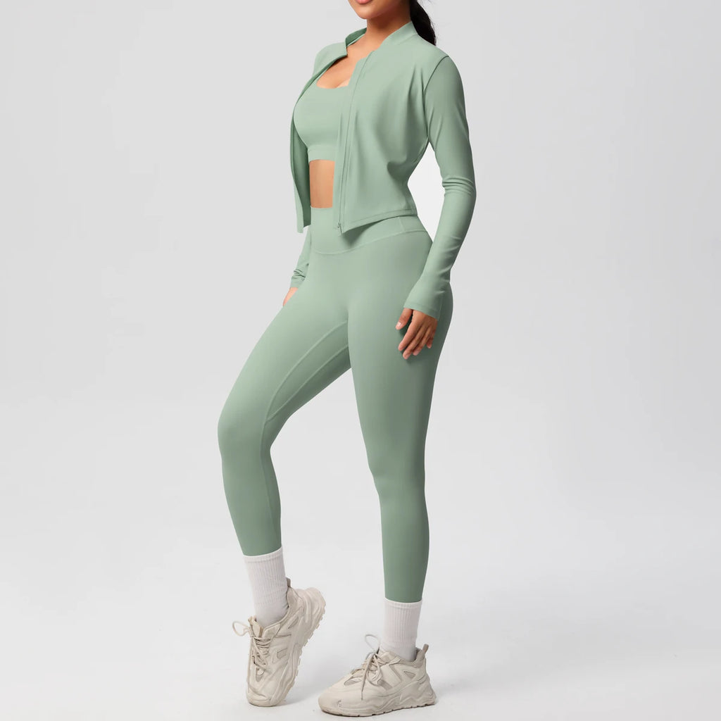 3-teiliges Sportbekleidung Yoga-Set Gym Sport-BH Reißverschlussjacke Leggings Kleidung Sportbekleidung Yoga-Anzüge für Damen Fitness-Set Trainingsanzug