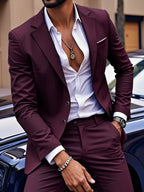 Herren Bordeauxroter 2-teiliger Anzug (nur Sakko + Hose, Weste nicht inbegriffen), Slim Fit Formeller Business-Hochzeits-Party-Anzugjacke & -Hose