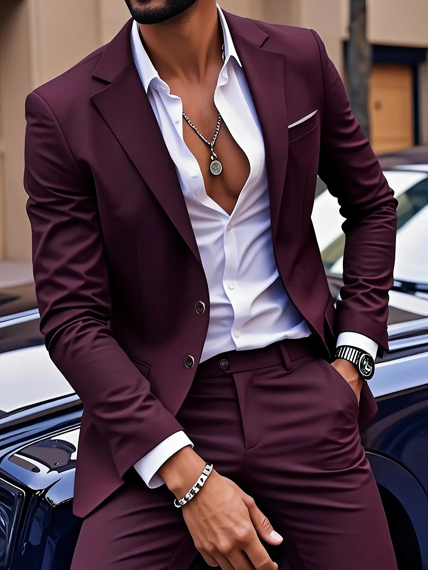 Herren Bordeauxroter 2-teiliger Anzug (nur Sakko + Hose, Weste nicht inbegriffen), Slim Fit Formeller Business-Hochzeits-Party-Anzugjacke & -Hose Hauptbild