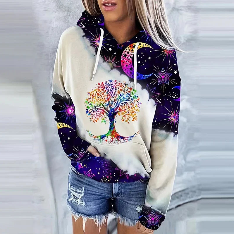 Moon Print Kangaroo Pocket Hoodie, Casual Long Sleeve Drawstring Hoodies Sweatshirt Women's Clothing Main image