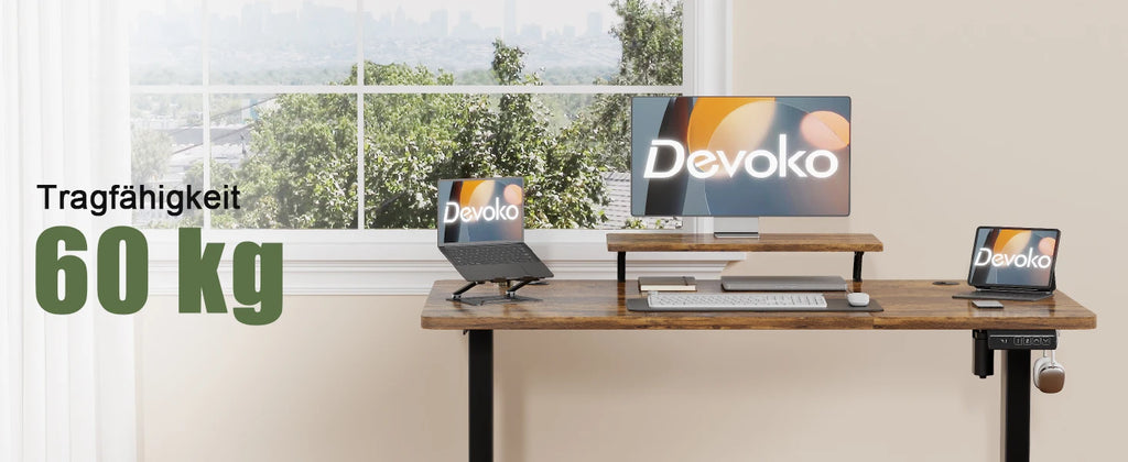 Devoko elektrischer höhenverstellbarer Schreibtisch 120 × 60 cm mit Monitorständer Ergonomischer Sitz-Steh-Schreibtisch (Weiß)