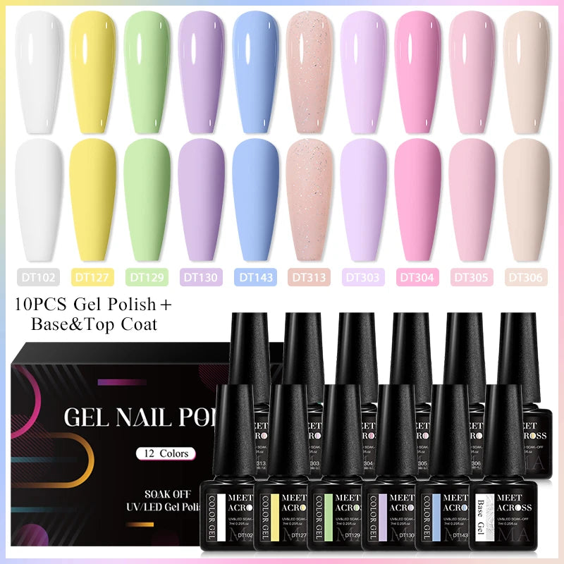 MEET ACROSS 12tlg/Set 7ml Macaron Gel Nagellack mit Box Semi-permanenter UV-Gel Soak Off Nail Art Kit Nagellack für Maniküre