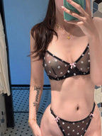 French Retro Lace Bra & Thong Set | Sexy Polka Dot Sheer Mesh Lingerie for Plus Size Big Bust, Ultra Thin MOYISU Panty TUSHY Set