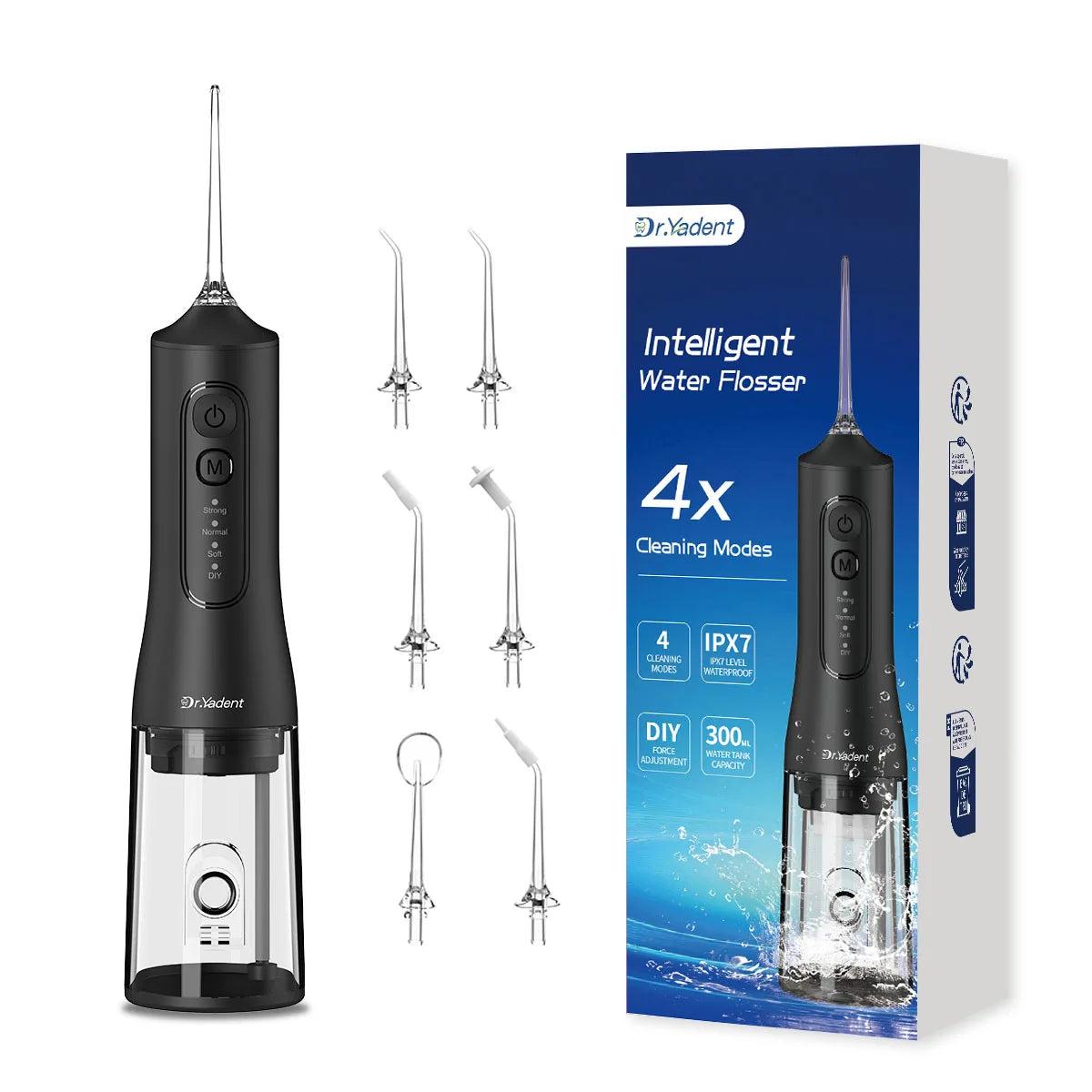 Dr.Yadent YD06 Kabelloser Munddusche Wasserflosser 300ML Tragbarer Wasserstrahl USB-C Schnellladung 7 Düsen 4 Modi IPX7 Wasserdicht