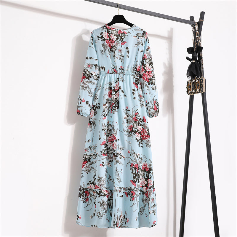 Frühling Sommer Damen Maxikleider Casual Langarm Geblümt O-Ausschnitt Damen Boho Strandparty Langes Kleid Mujer Vestidos