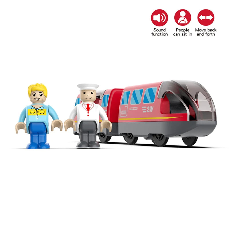 Kid Magnetische Elektrische Zug Lokomotive Holzschienen Slot Diecast Eisenbahn mit Zwei Waggons Zug Holzspielzeug Biro Leduo Gleis
